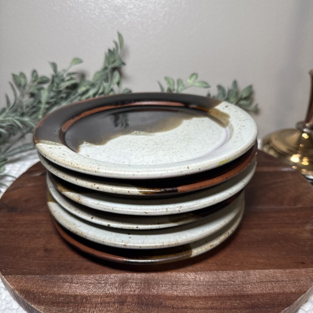 Set 6 Vintage Stornoway Pottery Salad Dessert Plates Brown Drip Glaze MCM 7.25”